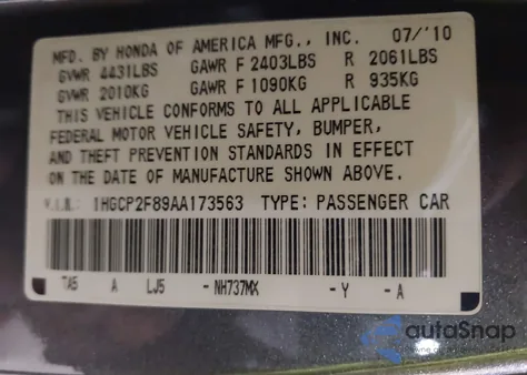 2010 Honda Accord 2.4 Ex-L from USA, damaged, VIN 1HGCP2F89AA173563
